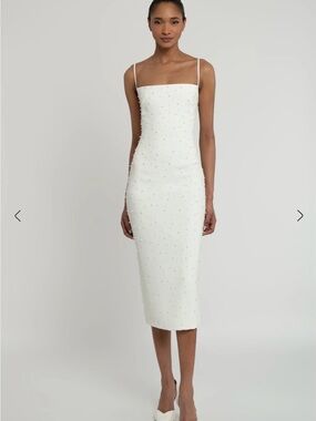 Jenny Yoo Oksana - White Beaded Spaghetti Strap Midi Dress